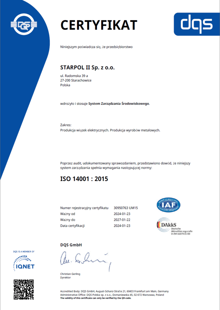 Certyfikat ISO 14001:2015 firmy Starpol – system zarządzania środowiskowego