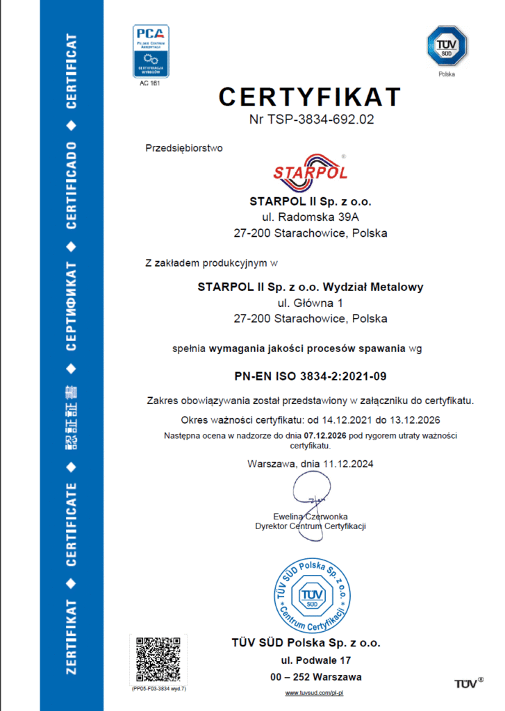 Certyfikat ISO 3834-2 firmy Starpol – jakość procesów spawania
